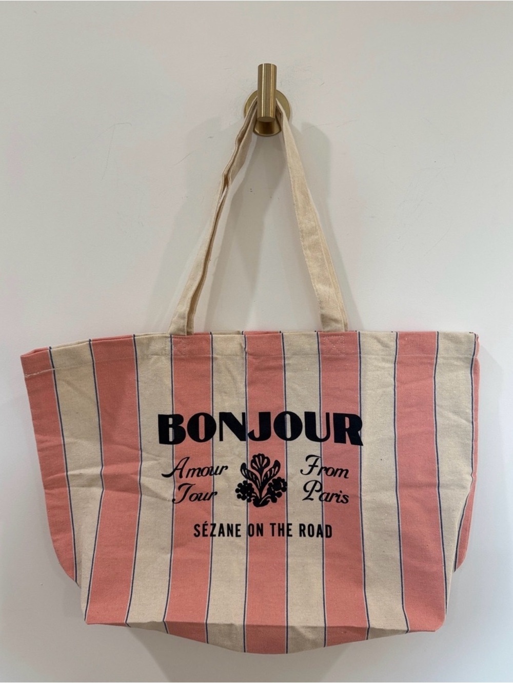 Sézane Pink and Cream Striped BONJOUR Tote